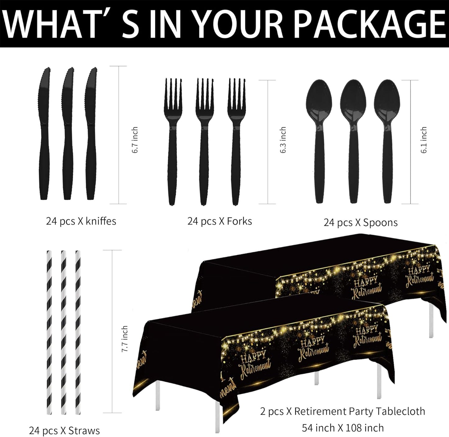 Retirement Decorations Party Supplies, Gold Black Happy Retirement Party Decorations Tableware For Men Women, Paper Plate, Napkin, Cup, Cutlery, Tablecloth, 24 Guests