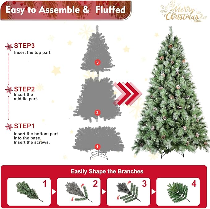 7FT Frosted Christmas Tree with 82 Pine Cone & Pine Needles, Premium Unlit Artificial Christmas Tree with 1348 Branch Tips, Realistic Hinged Xmas Trees with Metal Stand for Holiday Decoration