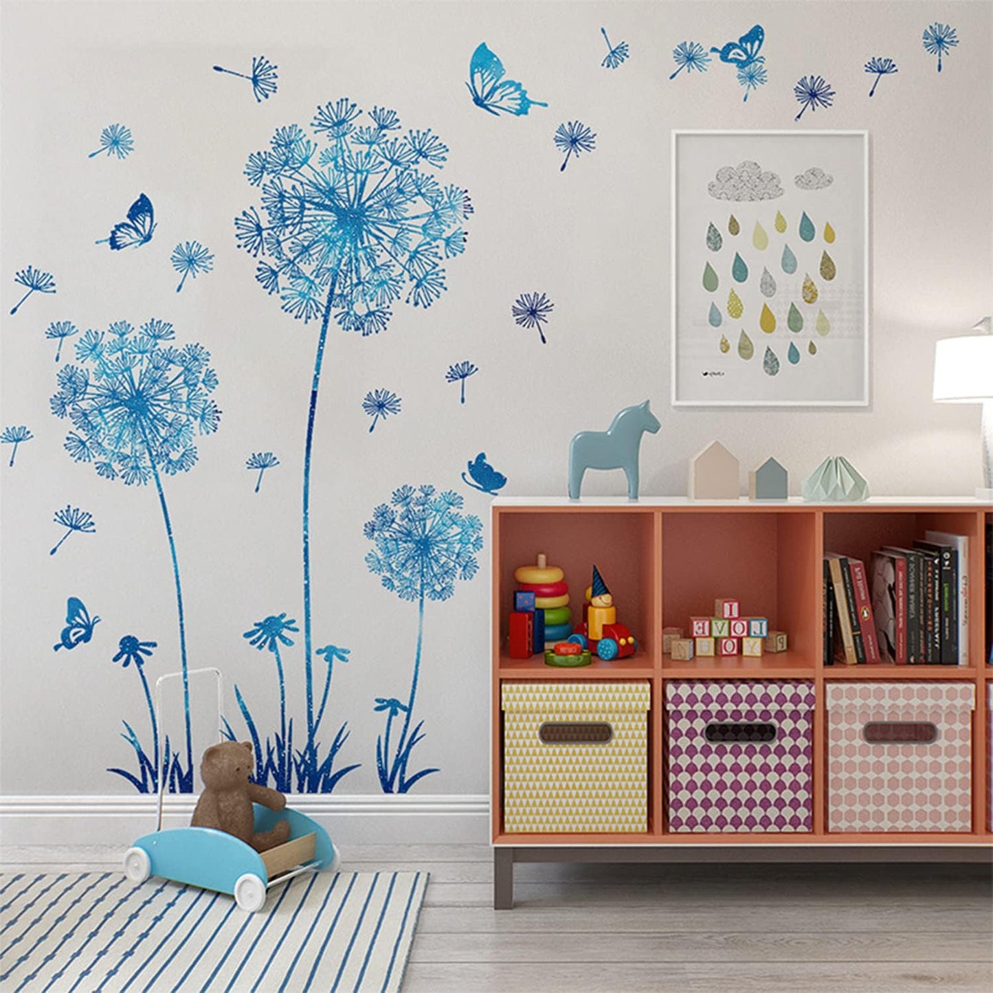 2 Set Dandelion Wall Decals - Blue Flower Stickers, Murals, Butterflies Decor for Bedroom, Office, Bathroom, Living Room - Floral Removable Peel and Stick Room Decoration