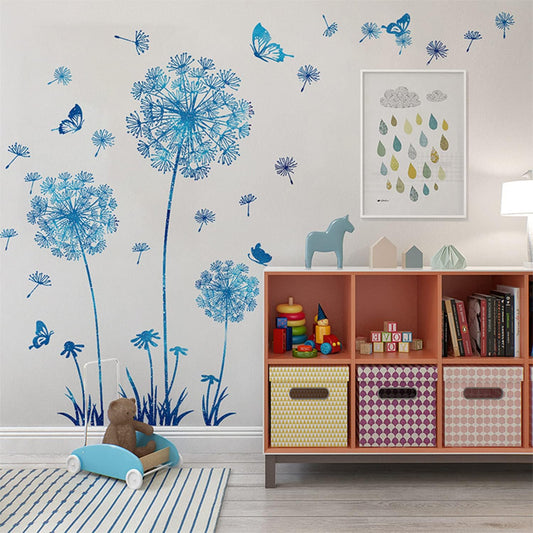 2 Set Dandelion Wall Decals - Blue Flower Stickers, Murals, Butterflies Decor for Bedroom, Office, Bathroom, Living Room - Floral Removable Peel and Stick Room Decoration