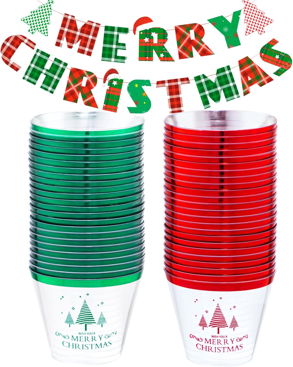 LUODA 9OZ 2024 New Merry Christmas Party Cups(60 Pack),Christmas Disposable Decoration Cups Including:30 Red Christmas Tree Plastic Cups & 30 Green Christmas Tree Plastic Cups