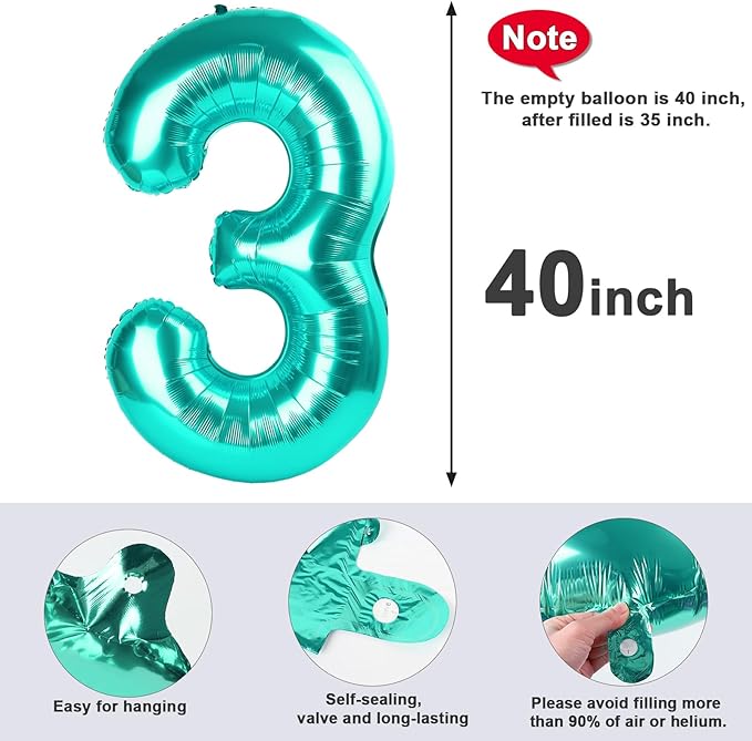 Numbers Balloon 3, 40 Inch Large Blue-green Balloon for Three Year Old Birthday Decor, 3 13 30 31 Birthday Party Decorations for Wedding Supplies