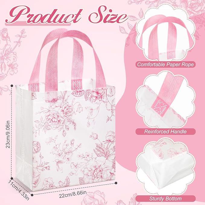 HunnmingRe 30 Pcs Pink Floral Gifts Bags Bridal Shower Party Favor Bags Bulk Wedding Welcome Non Woven Tote Handbags for Baby Shower Birthday Tea Fall Party Supplies