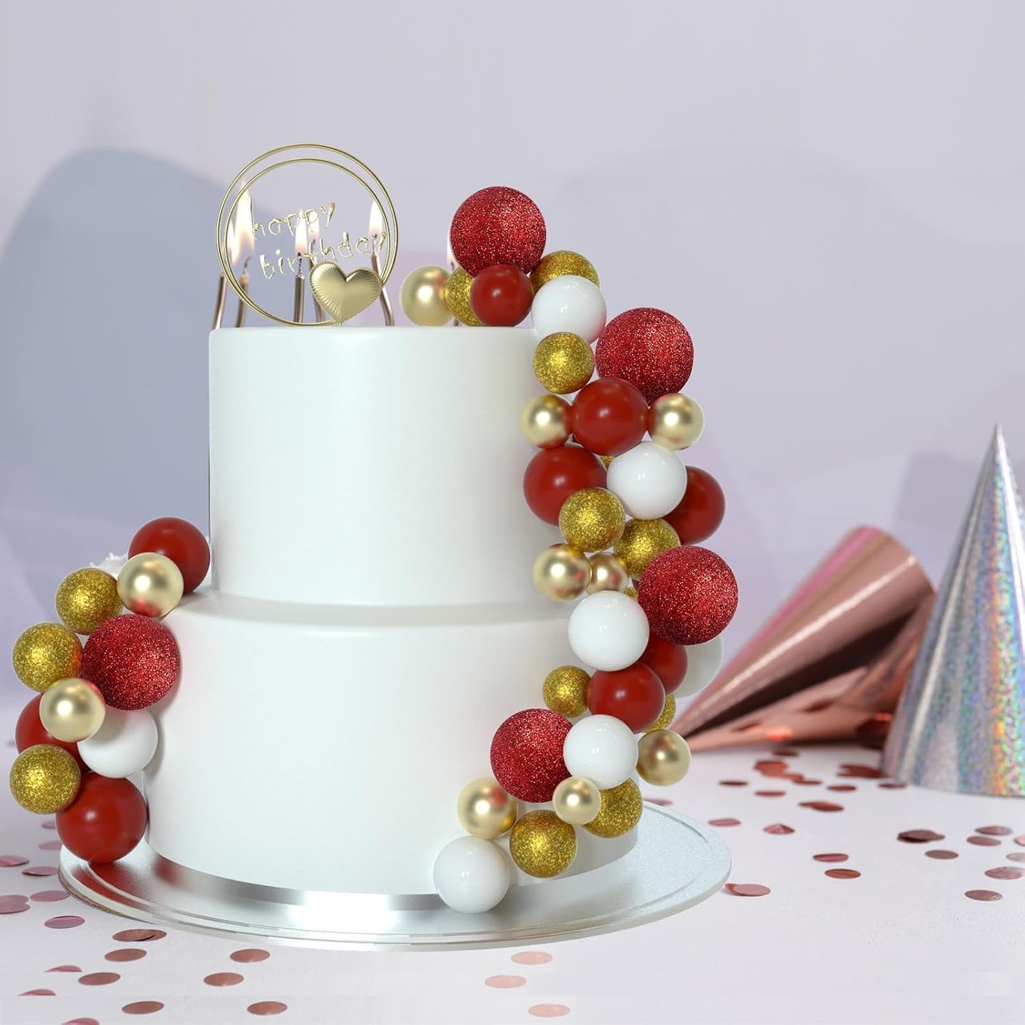 ASTARON 50 Pcs Ball Cake Topper Sticks Mini Balloons for Cake Decorating Supplies Foam Balls for Graduation Cake Birthday Cake Toppers Decorations (Gold，Red Series)