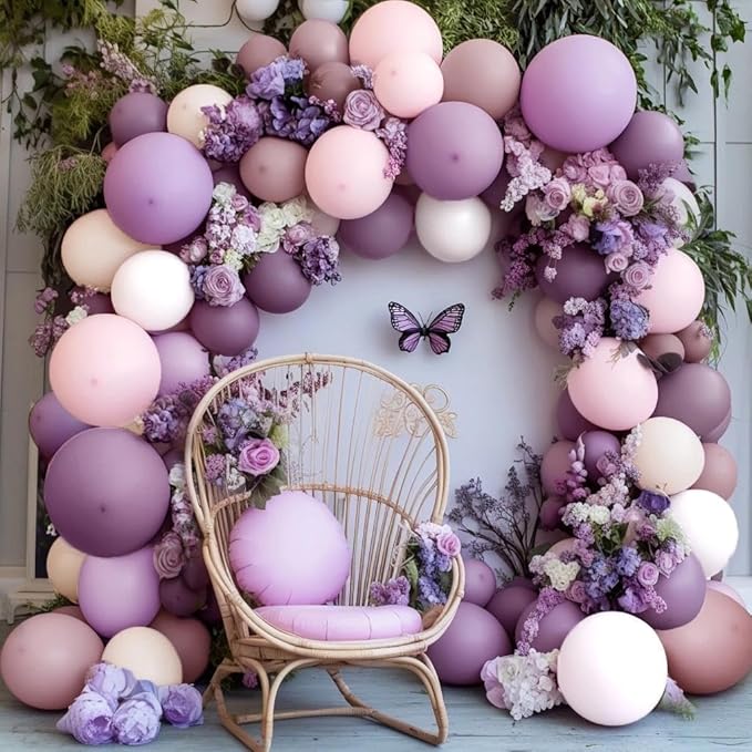 Purple Pink Balloon Arch Kit, Double Stuffed Pastel Pink Lavender White Beige Balloon Garland Dusty Light Lilac Cream Balloons for Birthday Baby Shower Wedding Butterfly Flower Mothers Day Party Decor