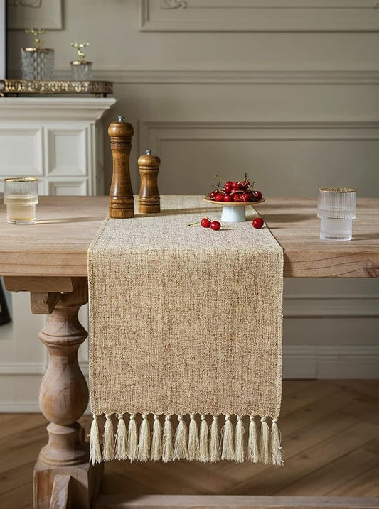 ZeeMart Beige Table Runners 108 Inches Long, Burlap Linen Style Rustic Farmhouse Table Runner, Long Boho Dining Table Runner, 13x108 Inches, Oatmeal Beige
