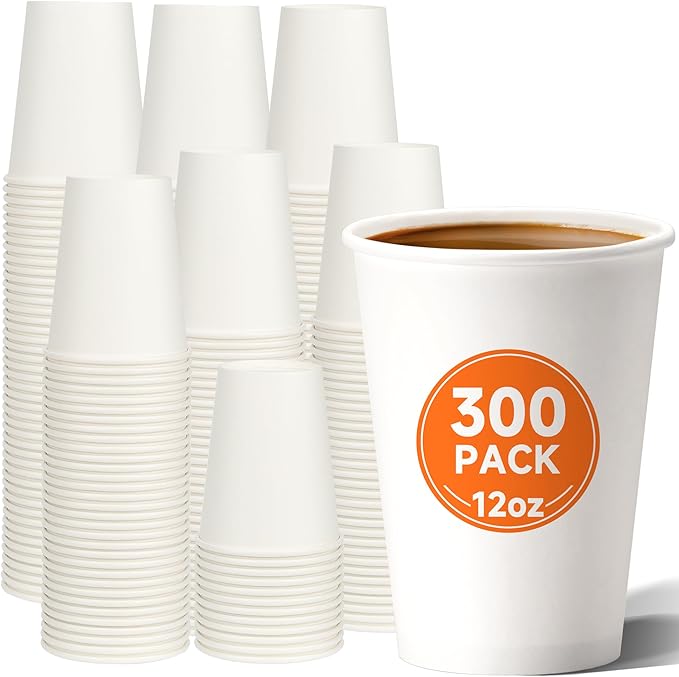 12 oz Disposable Paper Coffee Cups [300 Pack], White Hot Coffee Cups 12 oz, Thickened Design for Cafes, Bistros, Parties, and Events