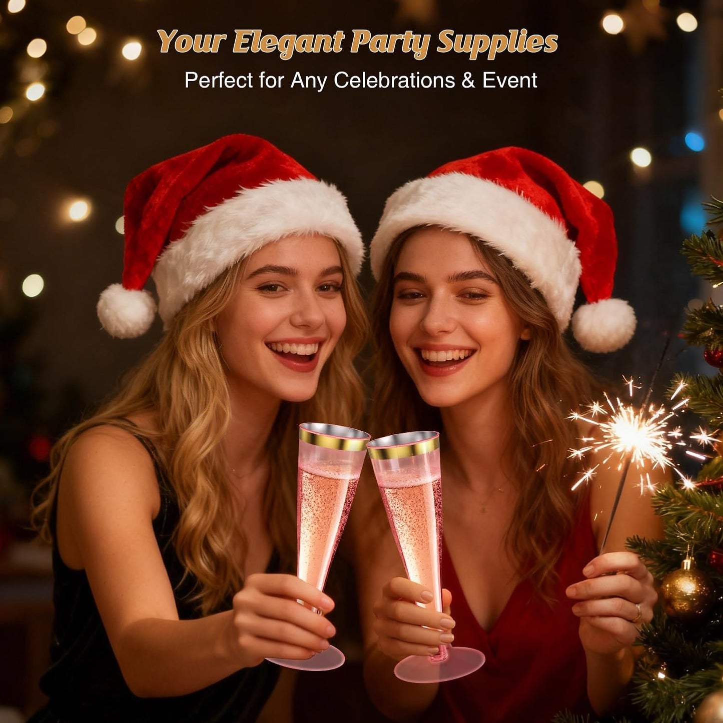 40 Pack Pink Gold Rim Champagne Flutes Plastic Wine Glasses Disposable, 4.5 Oz Mimosa Glasses for 2025 Engagement Wedding Birthday New Years Eve Xmas Party Supplies, Bulk Toasting Cocktail Cups