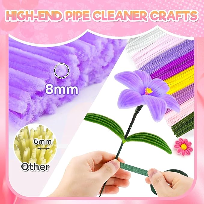 500pcs Multi-Season Pipe Cleaners Craft Kit with Flower Stem Wires & Art Tape - Valentine’s Day, Mother’s Day, Graduation & Holiday DIY Projects, 5 Colors Chenille Stems Set (7mm x12 inch)