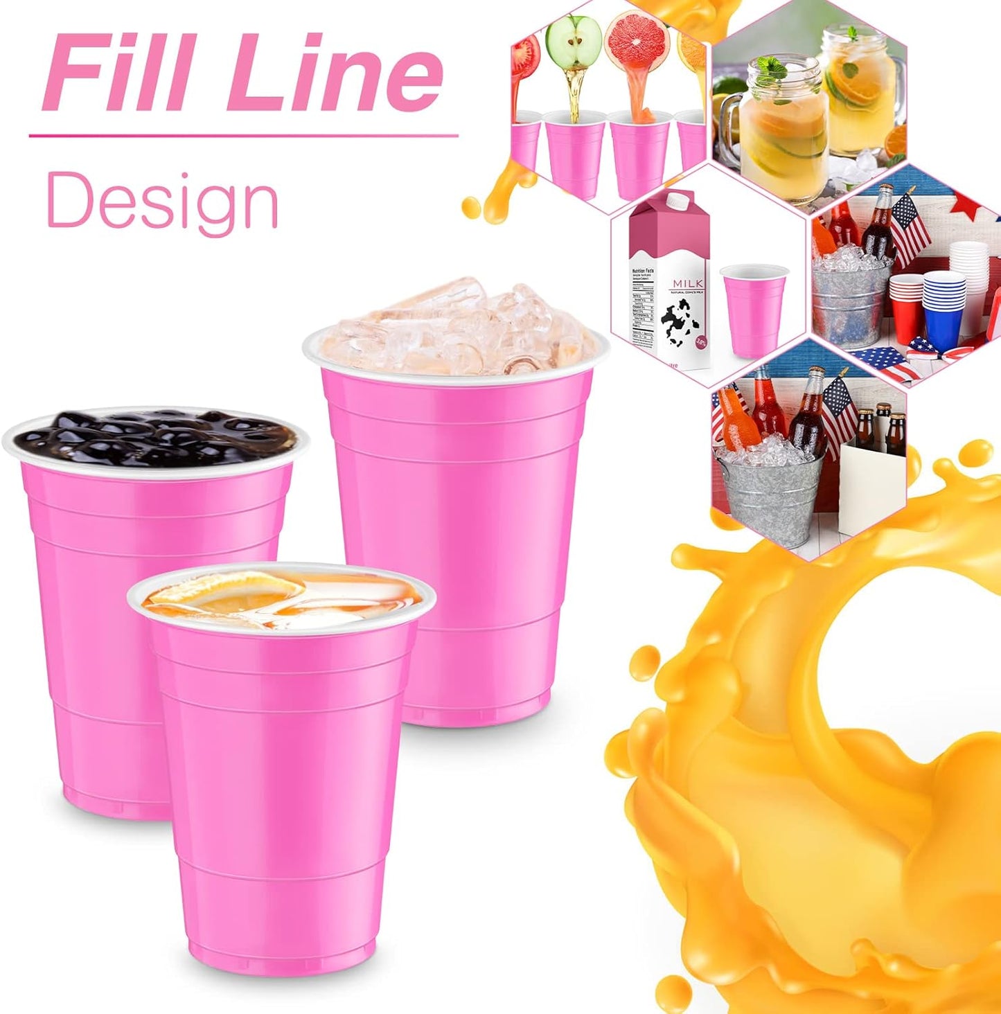 Lounsweer 100 Pack 16 Ounce Christmas Plastic Party Cups Disposable Heavy Duty Drinking Water Cups for Holiday Christmas Festival Wedding New Year Birthday Party Supplies(Pink)