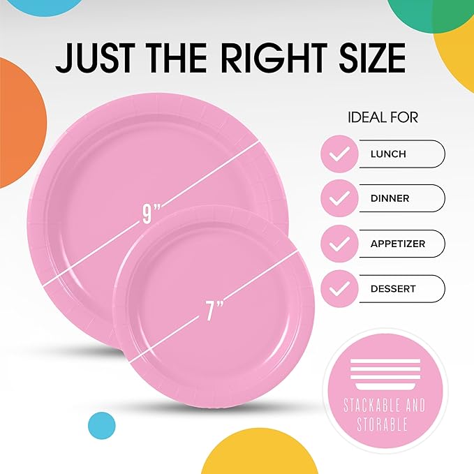 Exquisite Pink Paper Plates Disposable Heavy Duty 100 Pcs - 50-7" & 50-9" Pink Disposable Plates For Party Heavy Duty Paper Plate 350 GSM Birthday Party Supplies Plate Set
