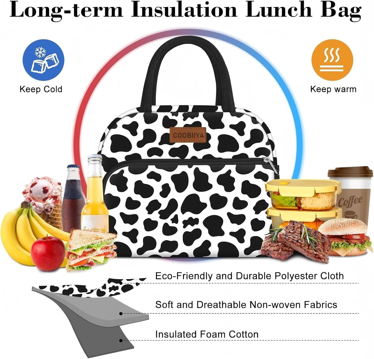 Coobiiya Lunch Bag Women, Lunch Box for Women Adult Men, Small Leakproof Cute Lunch Tote Large Capacity Reusable Insulated Cooler Lunch Container for Work/Office/Picnic/Travel-Cow