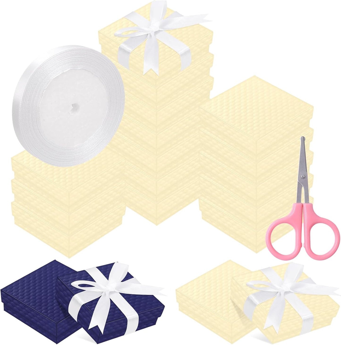17Pcs 7.5x7.5x3cm / 3x3x1 Inch Dark Beige Cardboard Jewelry Gift Boxes with Stain Ribbon and Scissor, Small Gift Box with Lid for Necklaces, Rings, Bracelets, Earrings, Pendant, Jewelry