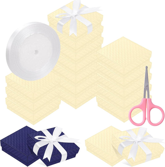 17Pcs 7.5x7.5x3cm / 3x3x1 Inch Dark Beige Cardboard Jewelry Gift Boxes with Stain Ribbon and Scissor, Small Gift Box with Lid for Necklaces, Rings, Bracelets, Earrings, Pendant, Jewelry