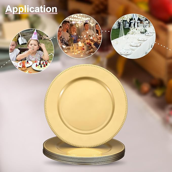 uxcell 10pcs Charger Plates Bulk 13 Inch Plastic Charger Plates Round Plate Chargers for Dinner Wedding Party Event Table Setting Decoration Gold