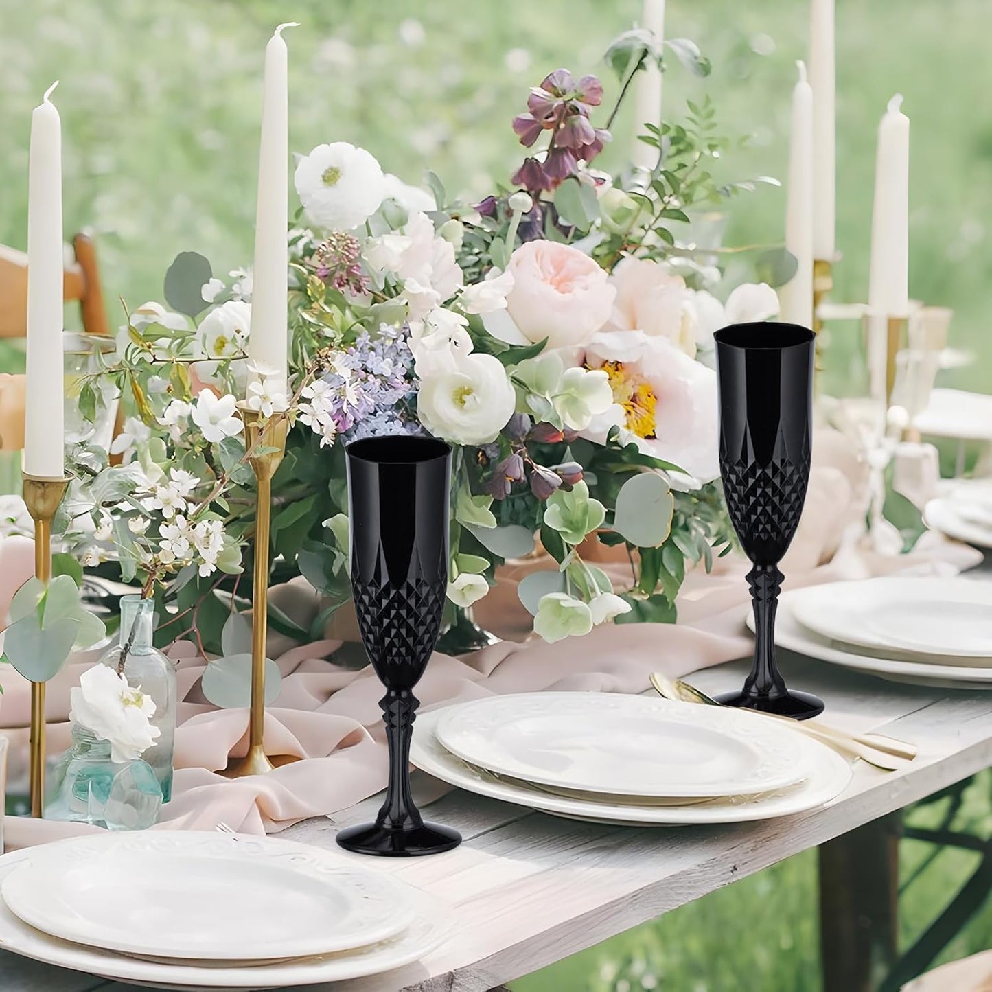 7.1OZ Plastic Champagne Flutes,24PCS Black Glassware Wine Glasses Goblets Shatterproof Mimosa Bar Reusable Vintage Champagne Flutes Stemmed Drinking Cups for Weddings ,Parties, Toasting,Halloween