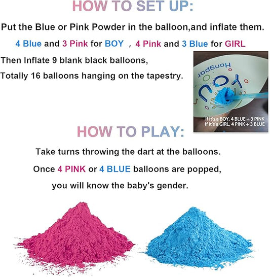 Baby Gender Reveal Dart Board Game, Reveal Balloon for Girl or Boy, Pink and Blue Powder for He or She Party, Gender Reveal Party decoration kit