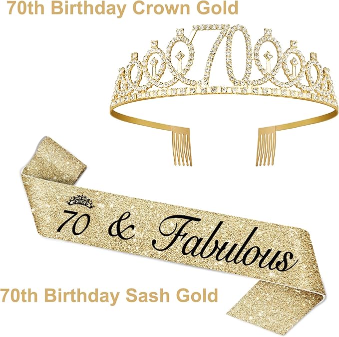 70th Birthday Decorations for Women Gold with Sash and Tiara, Gold Number Candles, 70th Birthday Gifts for Women