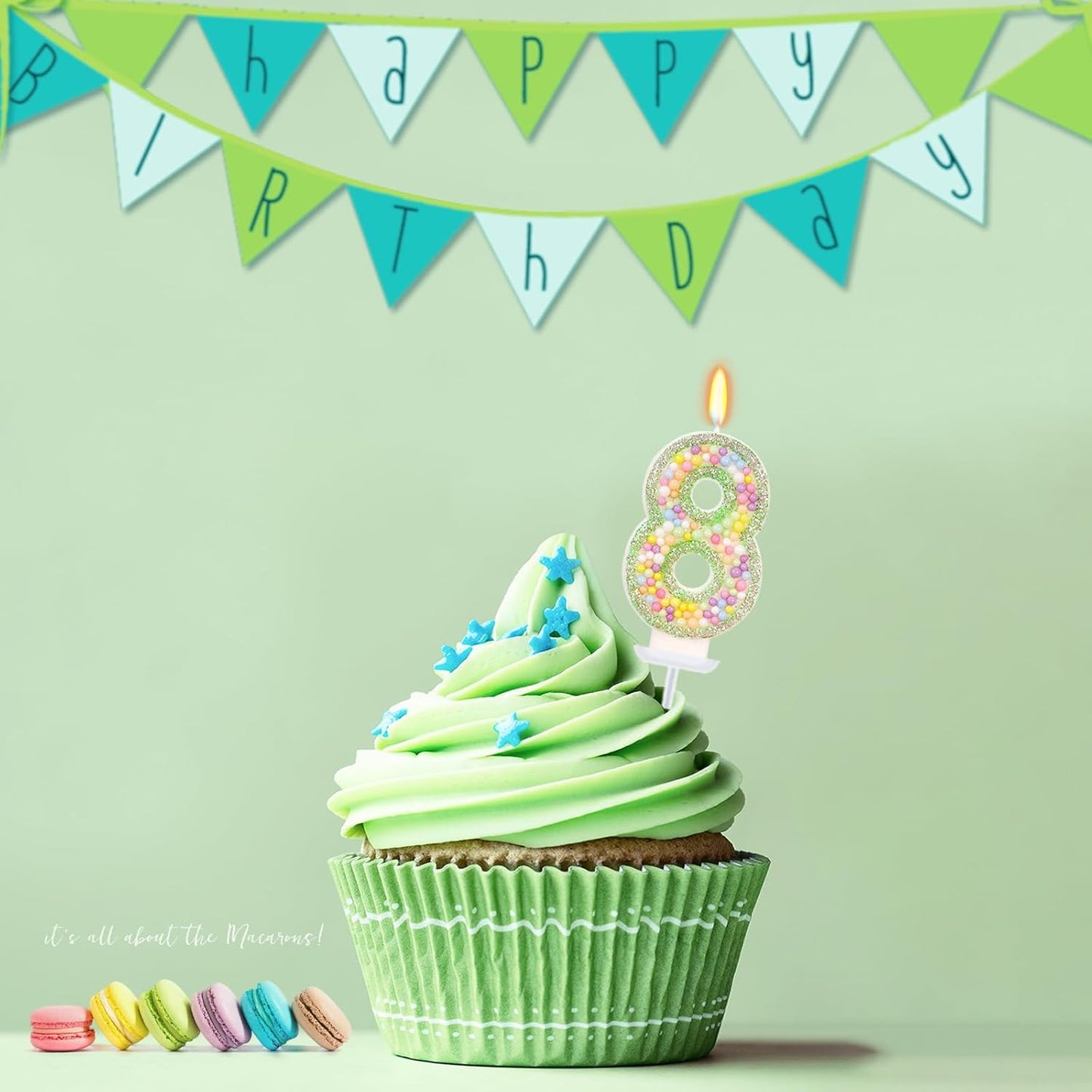 Birthday Candles - Number 8 Candle, Colorful Macaron Candles for Boys/Girls, Green Cake Decorations, Dinosaur Themed Party Supplies