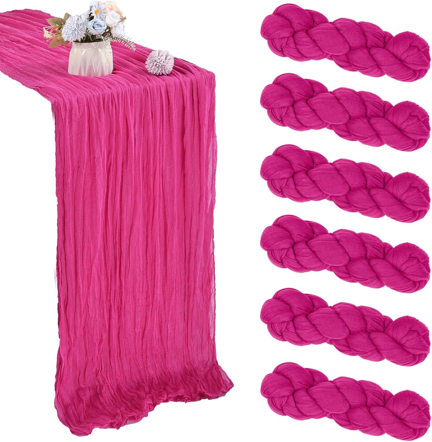 6 Pack 10FT Hot Pink Cheesecloth Table Runner 35x120 Inch Gauze Rustic Boho Table Runner Cheese Cloth for Wedding Decor Birthday Party Bridal Baby Shower Table Centerpiece Decoration