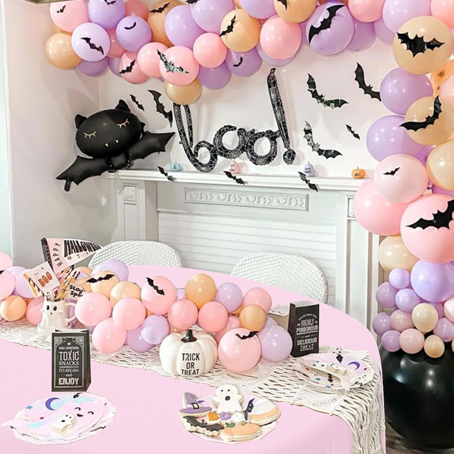 12 Pack Halloween Pink and Black Plastic Tablecloth for Round Tables, Pink Black Disposable Table Cover, Round Table Cloth for Girls Halloween Baby Shower Birthday Party Supplies Decorations