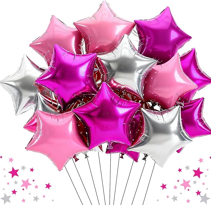 TONIFUL 15Pcs 18 Inch Large Hot Pink Silver Pink Star Shape Foil Balloons Big Stars Helium Mylar Ballons for Birthday Wedding Bridal Shower Anniversary Engagement Party Decorations Supplies