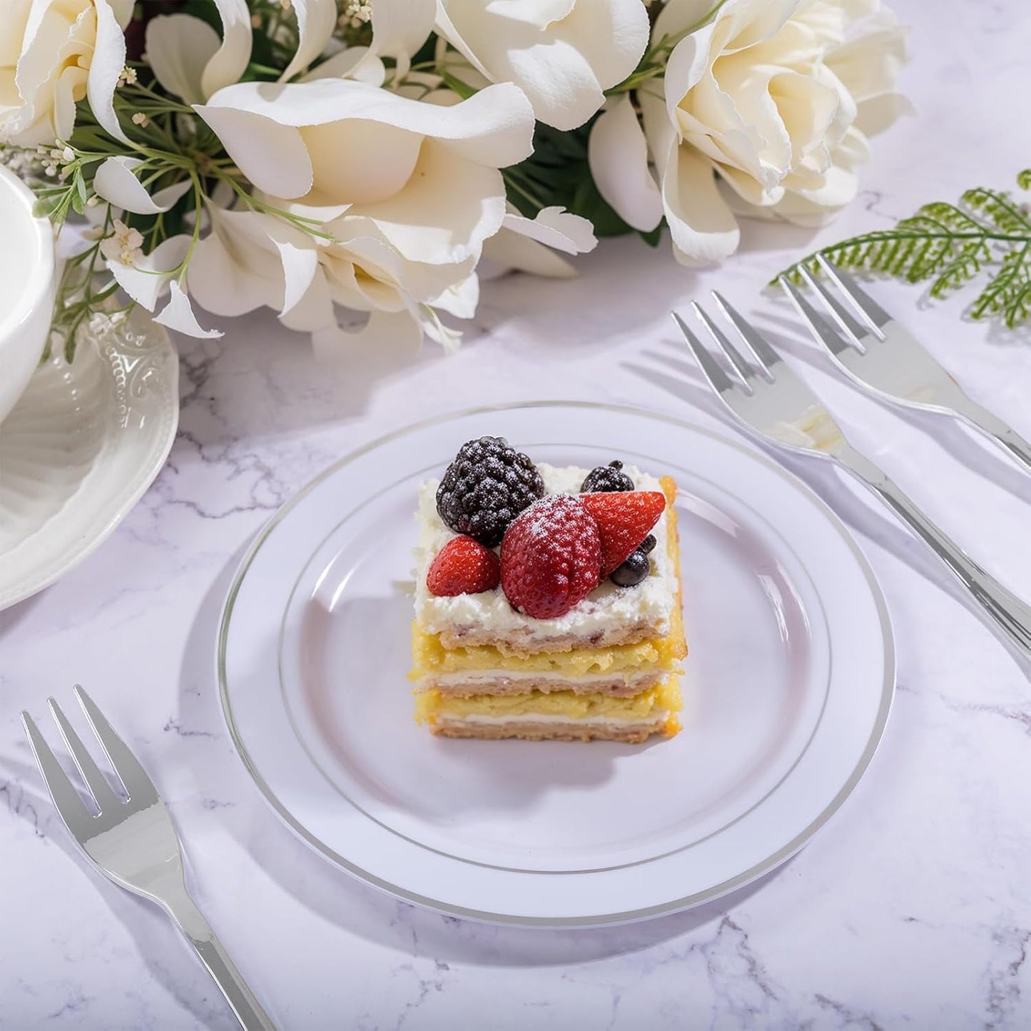 WELLIFE 240PCS Silver Plastic Dessert Plates - Includes 120PCS Silver Forks, 120PCS 6.3 Inch Salad & Appetizer Plates - Perfect for Weddings & Parties