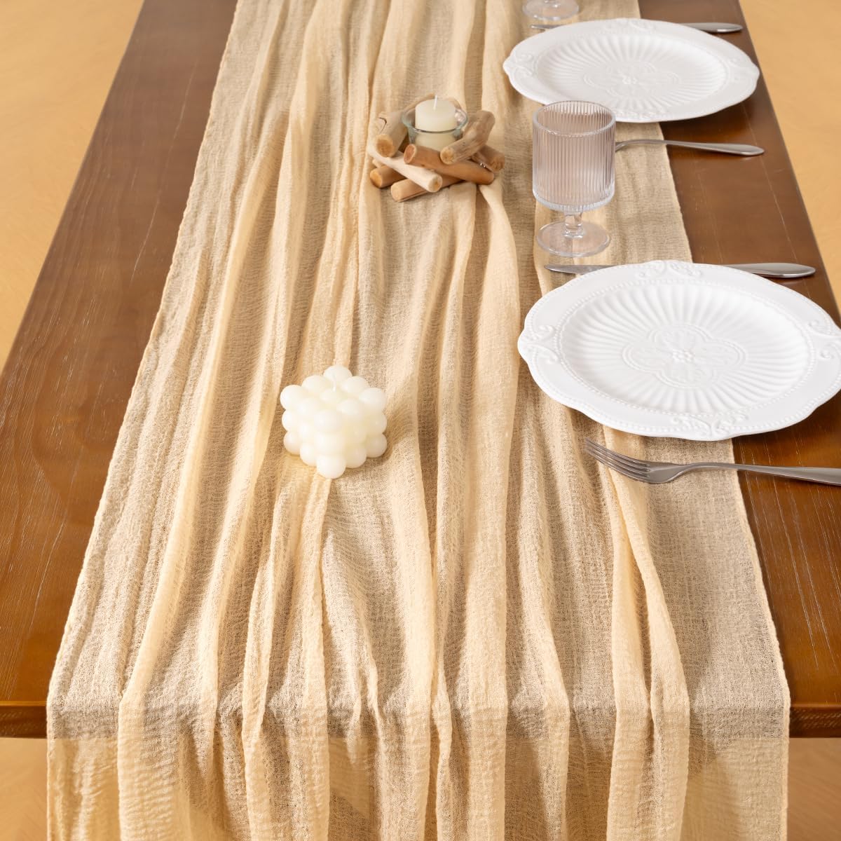 Socomi Beige Cheesecloth Table Runner Fall Thanksgiving Gauze 120 Inch Rustic Boho Cheese Cloth Runner for Wedding Party Baby Bridal Shower Centerpiece Decoration Holiday Home Decorations