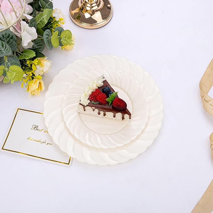 U-QE 100 Piece Ivory Scalloped Plastic Plates for Party - Plastic Plates Disposable Heavy Duty - High End Disposable Plates for Wedding Including 50PCS 9 '' Dinner Plates & 50PCS 6.5 '' Dessert Plates