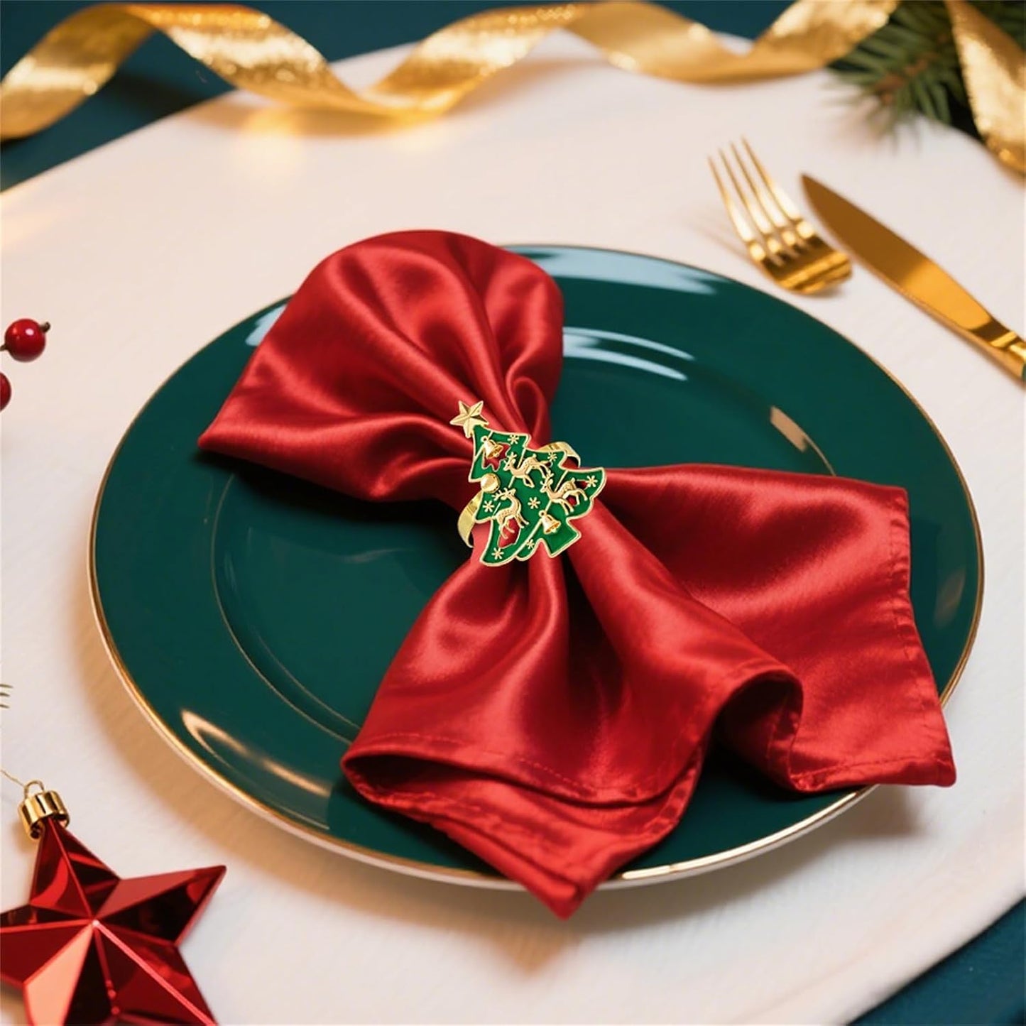 Christmas Tree Napkin Rings Set of 6 for Christmas Eve New Year Family Dinner Decor,Bell Reindeer Napkin Ring Holders for Winter Wedding Xmas Party Birthday Holiday Table Setting