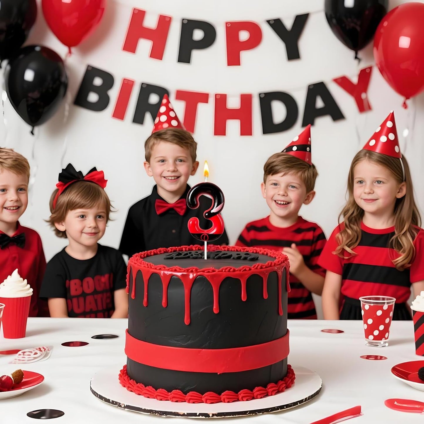 Black Red Mask Number 3 Birthday Candles - Comic Themed Cake Topper for Birthday Decorations Supplies, 3 Candle Party Favors (Number 3)