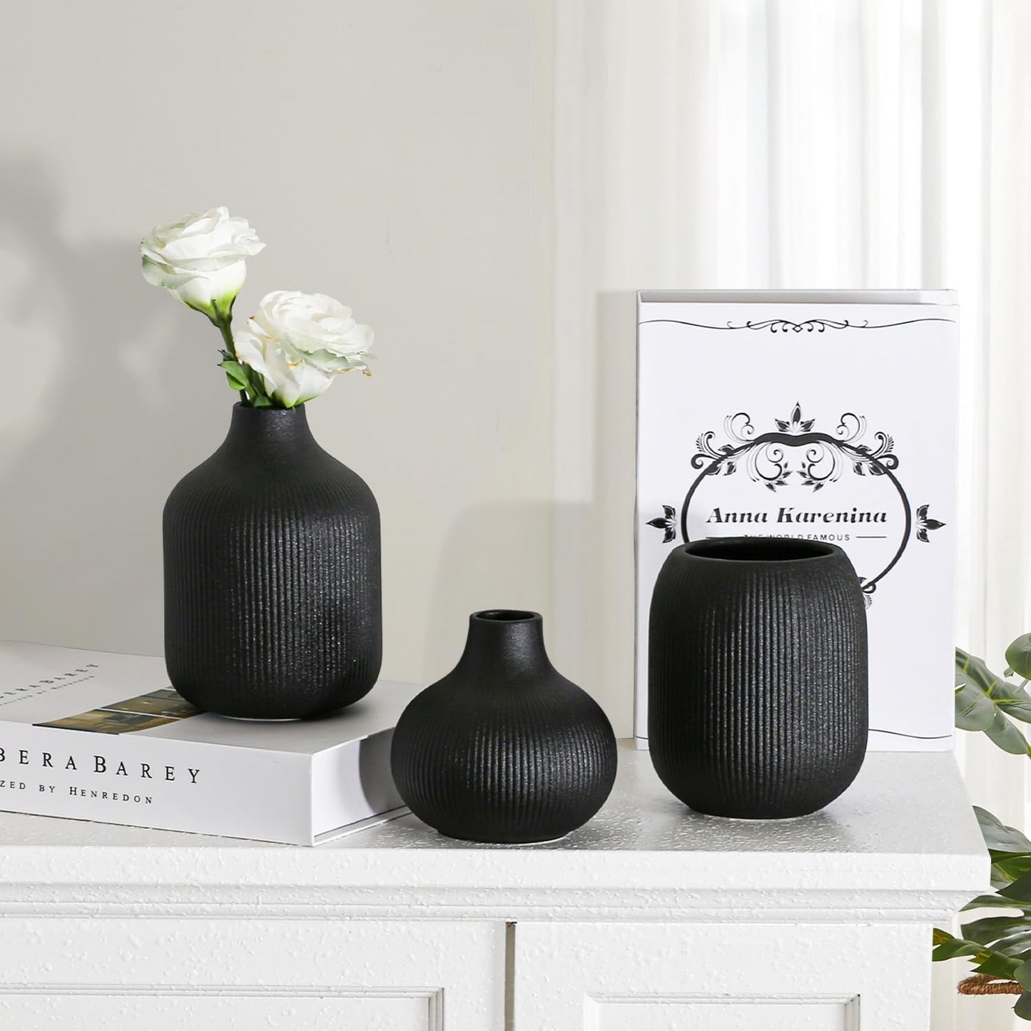 Modern Black Ceramic Vase Set of 3, Ribbed Texture Boho Minimalist Home Decor, Small Decorative Vases for Centerpiece, Shelf, Tabletop - Aesthetic Touch for Neutral & Transitional Spaces