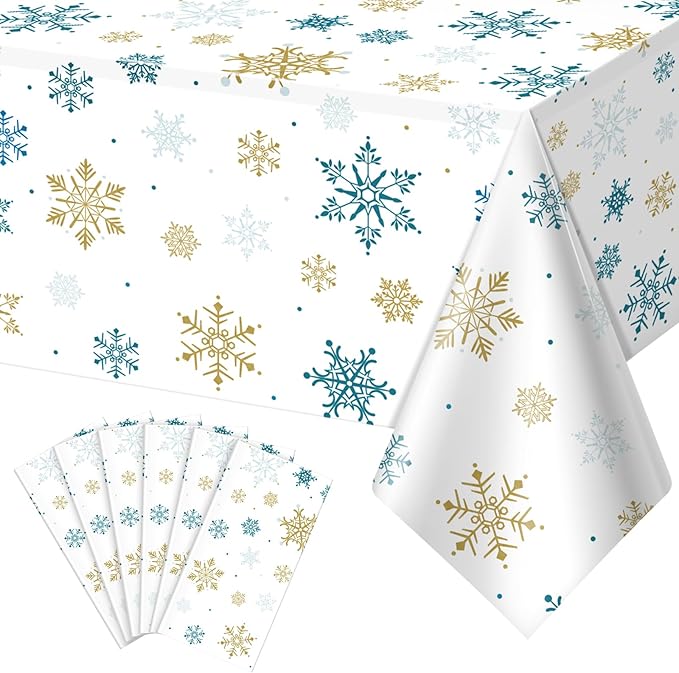 Hallswl 6Pcs Snowflake Plastic Tablecloth Christmas Snowflake Disposable Table Cloth White Blue and Gold Winter Wonderland Table Cover for Winter Holiday Christmas Birthday Party Supply,54x108 Inch
