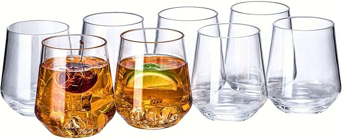 16oz Clear Stemless Wines Cups (Set of 8), Shatter-Proof Acrylic Glasses Drinkware, Reusable Plastic Bar Glasses, BPA-Free, Dishwasher-Safe