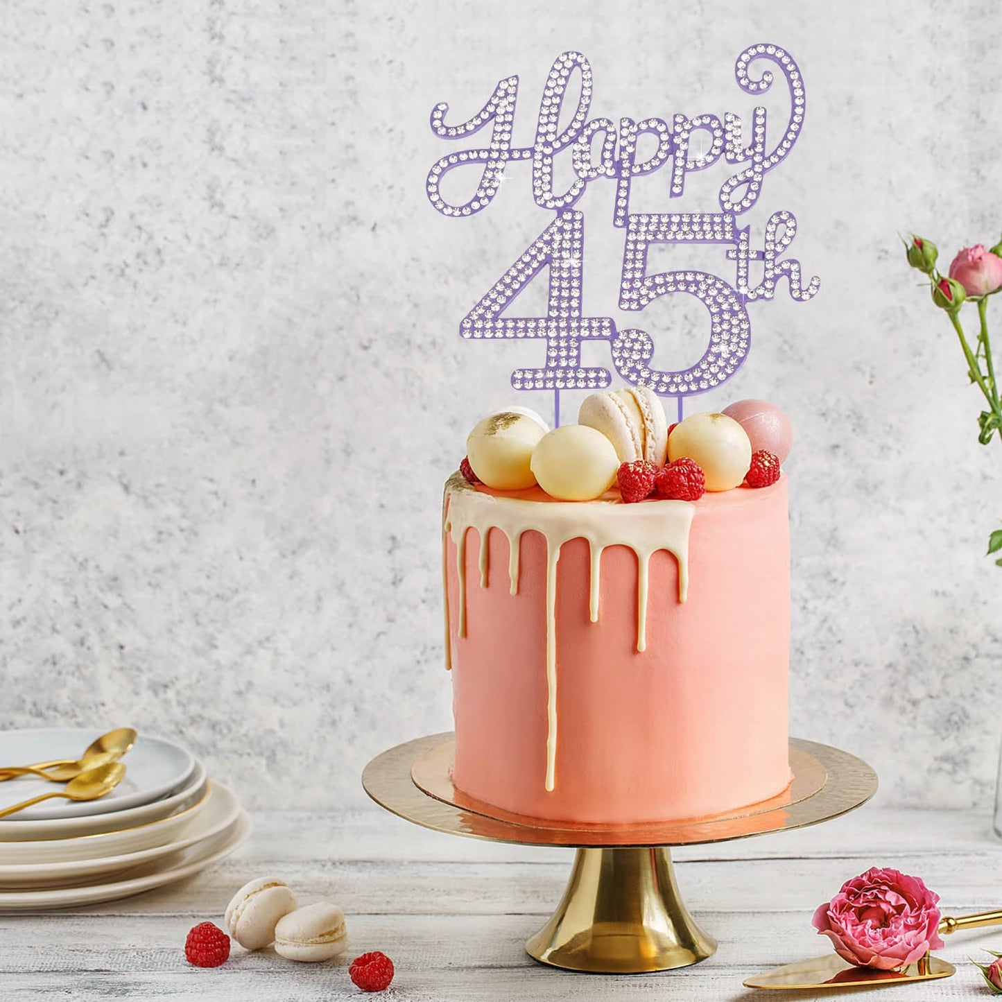 Happy 45th Birthday Purple Rhinestone Cake Topper - 45th Birthday/Anniversary,Cheers to 45 Years Old Bday Party Metal Sparkly Centerpieces Decorations.