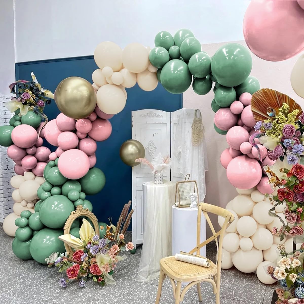 Sage Green Pink White Gold Balloons Garland Arch Kit, 160Pcs Olive Green Blush Pink White Sand Metallic Gold Balloons for Baby Shower Wedding Birthday Jungle Safari Woodland Party Decorations