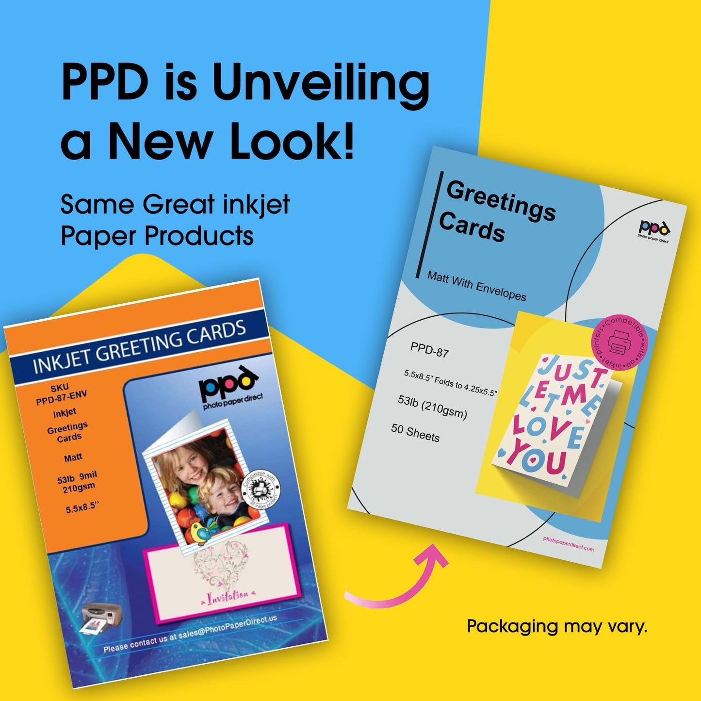 PPD Greeting Card Paper, Printable Greeting Cards With Envelopes for Inkjet Printer, 5.5 x 8.5 Blank Half Fold to 4.25 x 5.5 Custom Cards for Birthday, Wedding, Invitations, Thank You Note (50 Sheets)