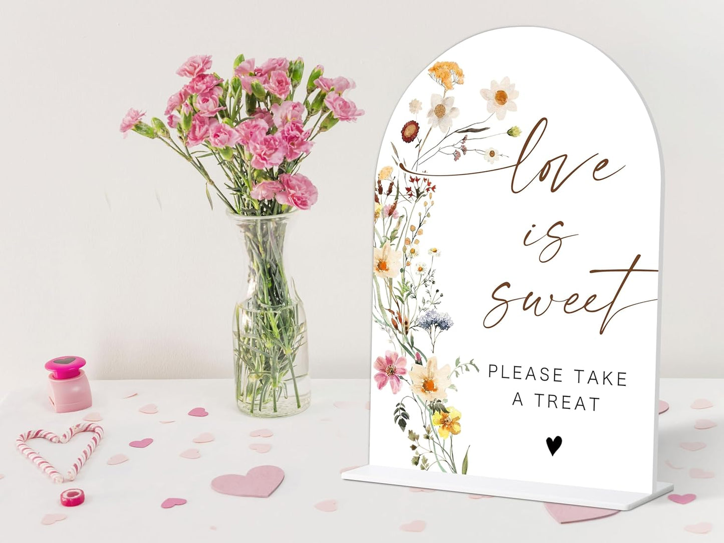 Love Is Sweet Sign for Dessert Table, Flower Style Bridal Shower Sign for Wedding, Engagement and Reception, Dessert Table Decorations, Wedding Shower Favors, 6X8 Inch Acrylic Arch Sign with Stand,16