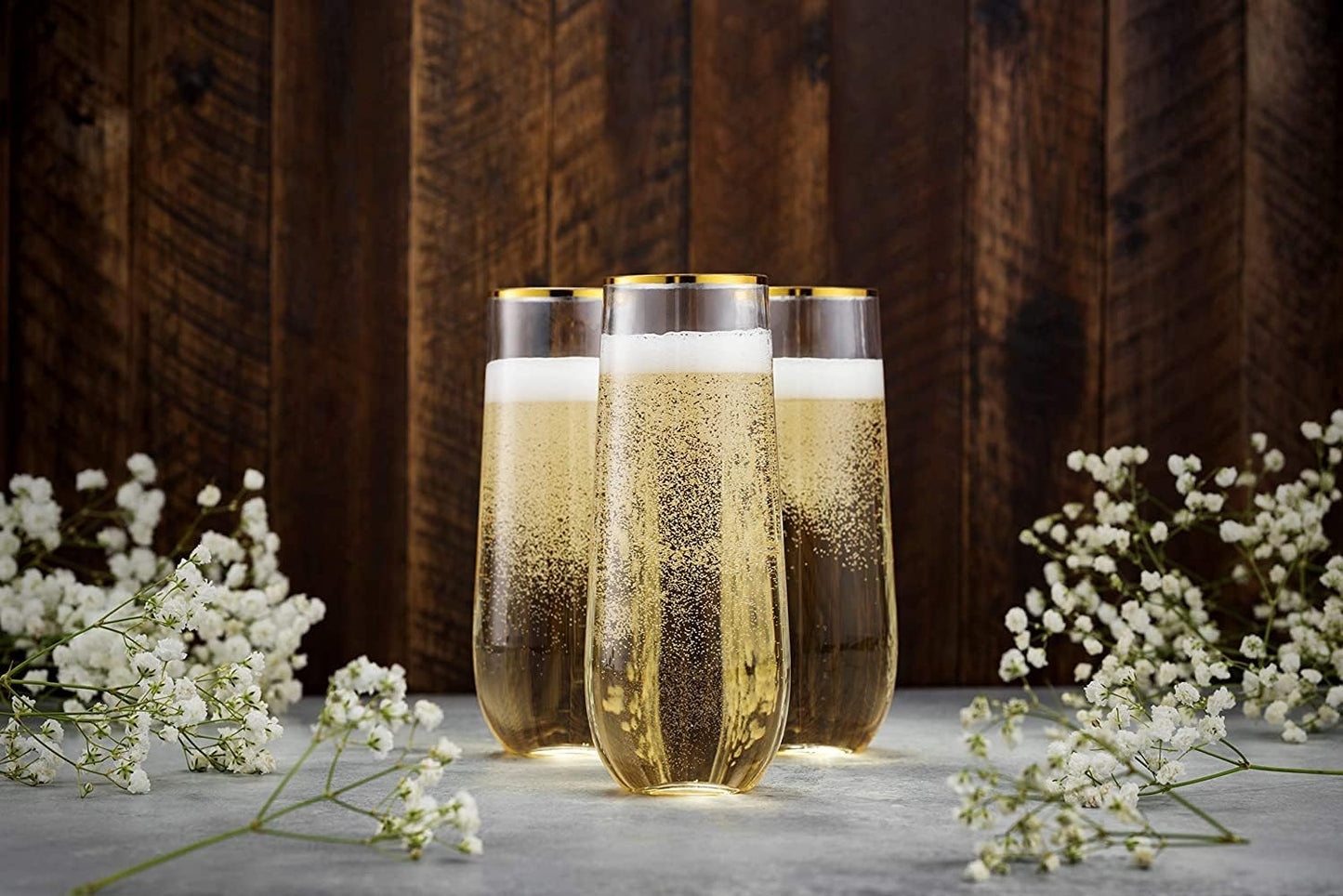 Munfix 12 Pack Stemless Plastic Champagne Flutes, Disposable 9 Oz Gold Rim Clear Plastic Toasting Glasses Shatterproof Recyclable and BPA-Free