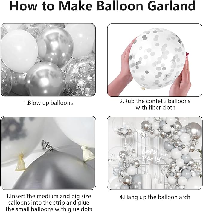 KARLURE White Silver Balloon Arch Kit Garland with Grey Clear Balloons for Birthday Engagement Wedding Baby Shower Confirmation Prom 25th Anniversary Decorations