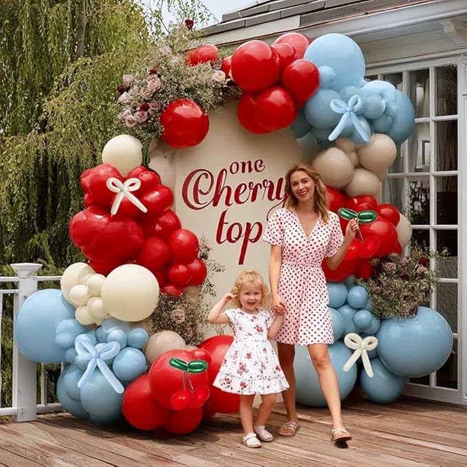 Red Blue Cherry Balloon Arch Kit Double Stuffed, Ruby Red Dusty Light Blue White Sand Ivory Balloon Garland with Long Latex Balloons for Cherry on Top Birthday Valentines Baby Shower Party Decor