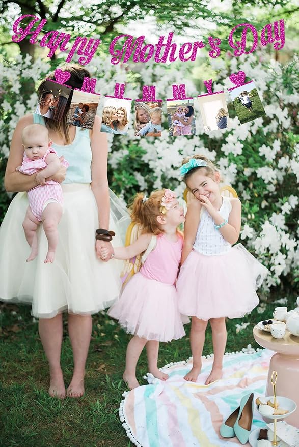 Happy Mother’s Day Banner, Mummy Banner,Mother’s Day Photo Banner,MM Pink Happy Mothers Day Decorations,We Love Mom Mothers Day Garland for Mother’s Day Party Decorations Photo Props(Pre-Assembled) (Pink Blue)