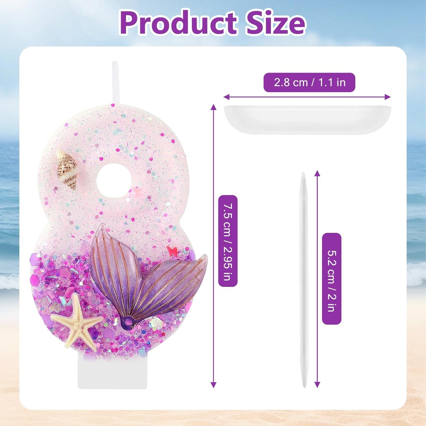 Purple Number 8 Candles Mermaid Birthday Candle 8th Birthday Cake Topper Cupcake Decorations for Girls and Women Party Decor Anniversary Celebrations Supplies Favors
