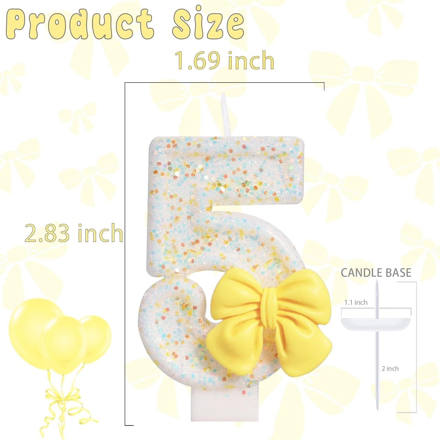 Birthday Candle for Cake, Yellow Bow Cake Candles, Cake Topper Decoration for Birthday Party (Number 5)