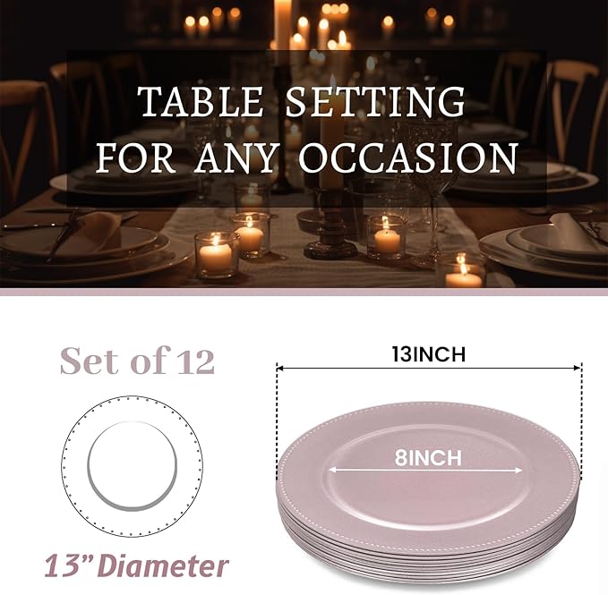 MAONAME 13" Pink Charger Plates, Plastic Charger Plates with Beaded, Round Chargers for Dinner Plates, Plate Chargers for Wedding, Table Decor, Set of 12
