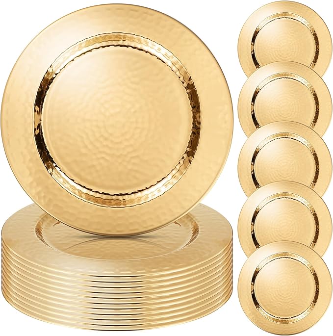 12 Packs Chargers Plates Bulk 13 Inch Stainless Steel Hammered Rim Round Elegant Dinner Plates Luxury Decorative Chargers for Wedding Party Catering Upscale Events (Gold)