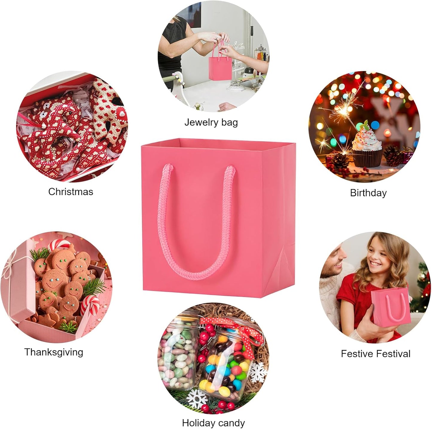 driew Small Pink Gift Bags 50 Pcs, 4" x 2.8" x 4.5" Min Thick Kraft Paper Bags Bulk with Pink Handles Set for Wedding Party Birthday Gathering Baby Shower