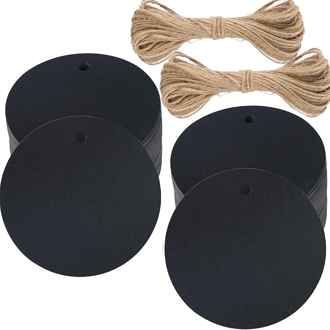 G2PLUS 100PCS Gift Tag with String,2.2'' Round Paper Tags Blank Hang Tags Black Circle Tags with Holes for Craft Projects, Xmas Gift, DIY Wedding Favor Bag