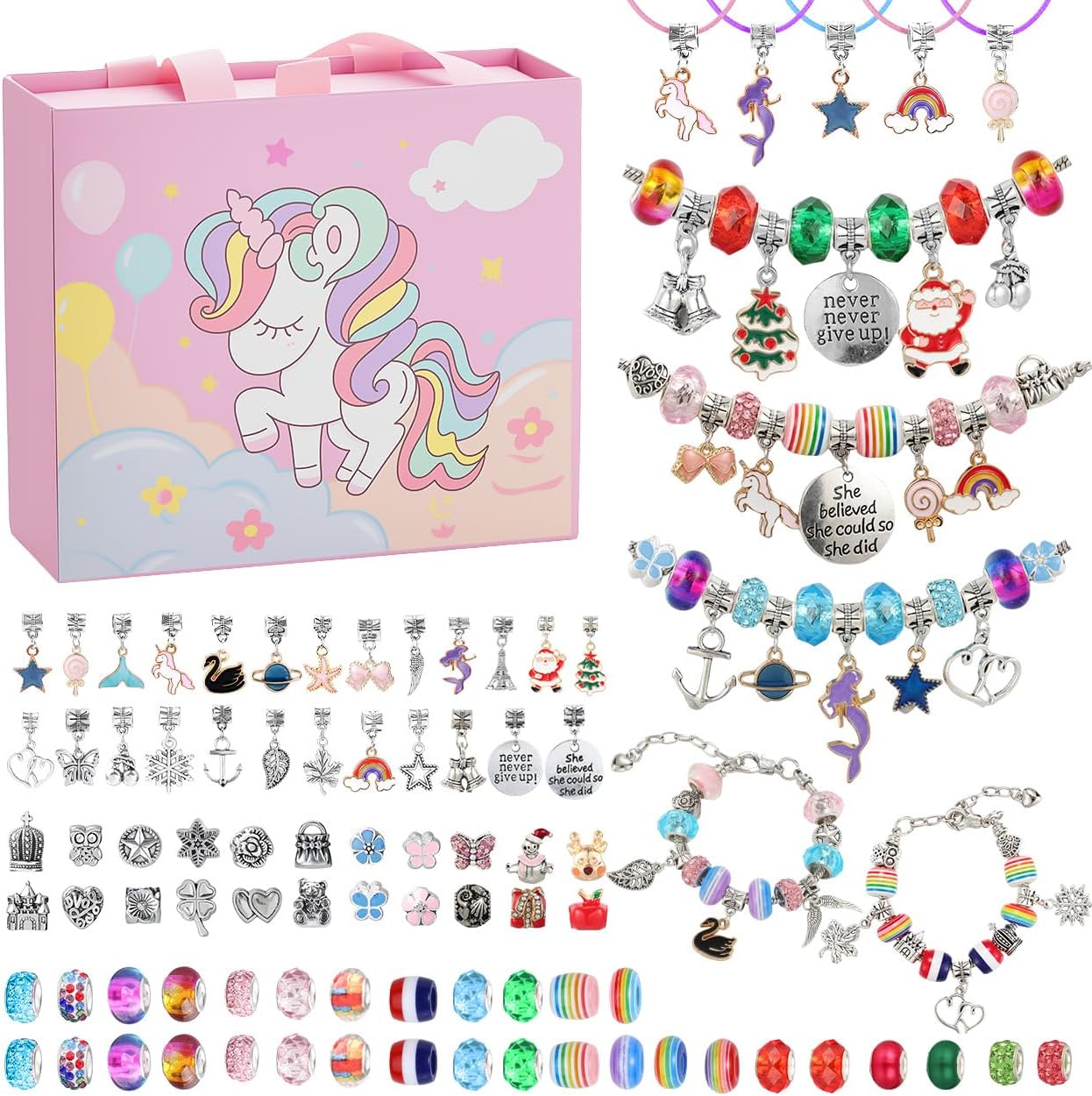 Emibele Girls Charm Beads Bracelet Making Kit, 87pcs Christmas-Themed Jewelry Making Kit for Kids Age 5-12, DIY Arts Crafts Toys for Teens Girls Holiday Gift Choices on Birthday Valentines Xmas