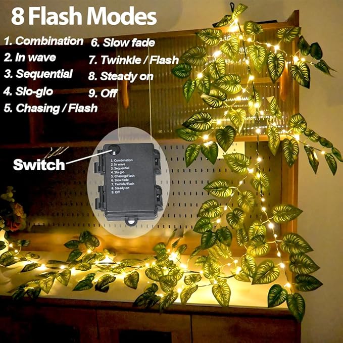 6.56FT Green Vines Garland with Lights 96 LED Battery Operated with Timer Faux Photos Vines Twig with Lights Spring Garlands Decortions for Mantel Fireplace Table Wall Patio Wedding Holiday Home Decor